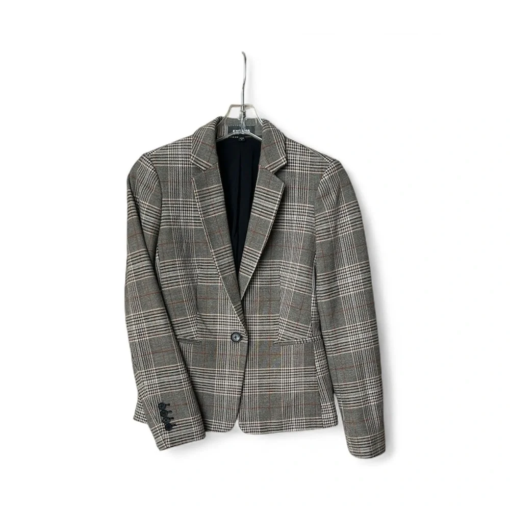 Express Women’s Size 2 Plaid Blazer w/ Pockets Work Business‎ Church Gray/White